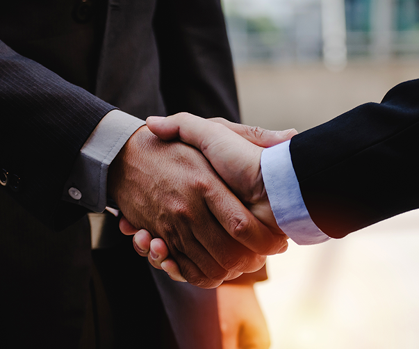 A handshake between two men. The camera is focused only on the hands and elbows of each person.