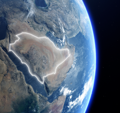 A shot of the Earth from space. Saudi has been highlighted with a glowing outline